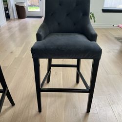 Elegant Gray/Blue Velvet Bar Stools with Nailhead Trim  - Set Of 2