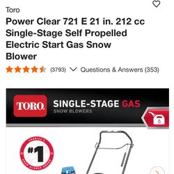 Snow Blower Toro Gas Electric Start 