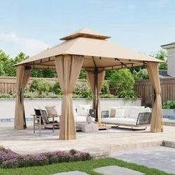 ❤️‍🔥 10 ft. x 10 ft. Beige Double Roof Polyester Soft Top Gazebo Canopy