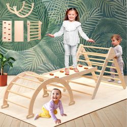 PairPear Foldable Pikler Triangle Climbing Set for Kids, 7 in 1 Montessori Large Wooden Climbing Toy
