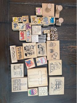 Mixed Lot Wood Mounted Rubber Craft Stamps Animals Holidays People Transport