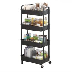 Black 4-Tier Plastic Rolling Utility Cart with Handle