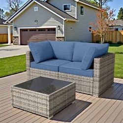 Nestle 3 Pieces Wicker Patio Conversation Seating Sofa Set with Denim Blue Cushions and Coffee Table