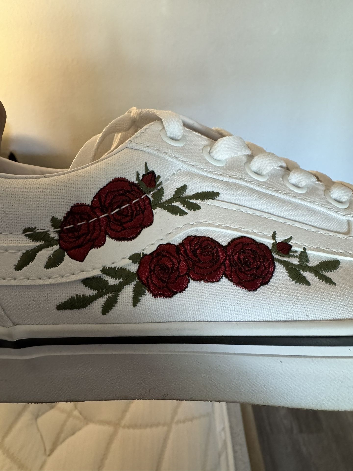 8.5 Rose Embroidery White Vans - Worn Once 