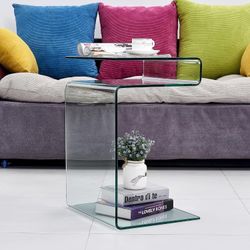 Glass Nightstand Side End Table, Clear S-Shaped Bedside Tables for Living Room, Sofa Bent Glass Table 16.55" D x 14.56" W x 24" H