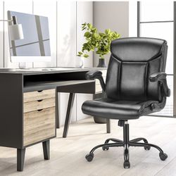 Home Desk Chair Office Ergonomic Mid Back Computer Executive Chair Adjustable Managerial Leather Chairs with Flip-up Armrest, Cushion Lumbar Back S