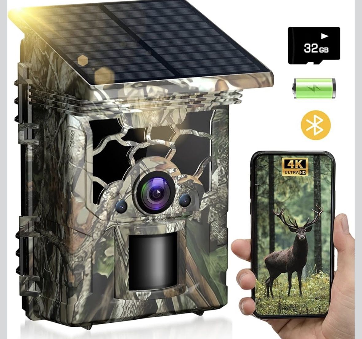 Solar Trail Camera 4K 46MP WiFi Bluetooth 130° No Glow Night Vision 32GB Card
