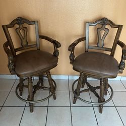 2 Brown Leather Wooden Chairs 