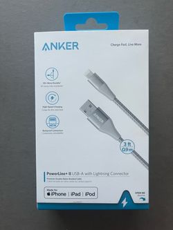 New Anker PowerLine+ II USB-A to Lightning Cable (3 ft, Gray), factory sealed