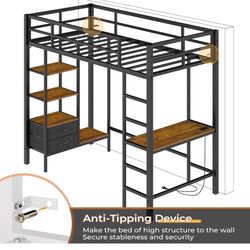 Twin Loft Bed With LED Lights, Desk, and Shelves