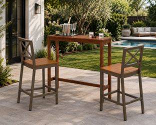 3-Piece Outdoor Bar Set with 2 X-Back Stools & Acacia Wood Pub Table – New