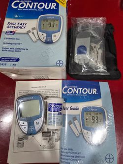 Bayer Ascensia Contour Glucose Monitoring System NEW, with 2 new energizer batteries.  Comes with 5 test strips. Guarantee to work.