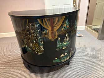 Black Lacquer Chinoiserie Demilune Cabinet
