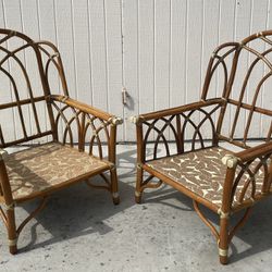 2 McGuire Wingback Rattan Chairs, Cathedral Style