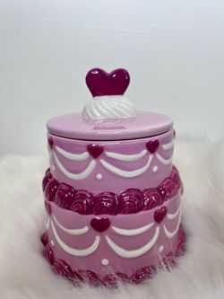 Pink Ceramic Two Tiered Cake with Hearts Decor Cookie Jar