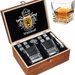 Whiskey Stones Gift Set - Heavy Base Glasses For Scotch Bourbon Drinker- Whisky Rocks Chilling Stones in Wooden Gift Box - Burbon Gift Set for Men