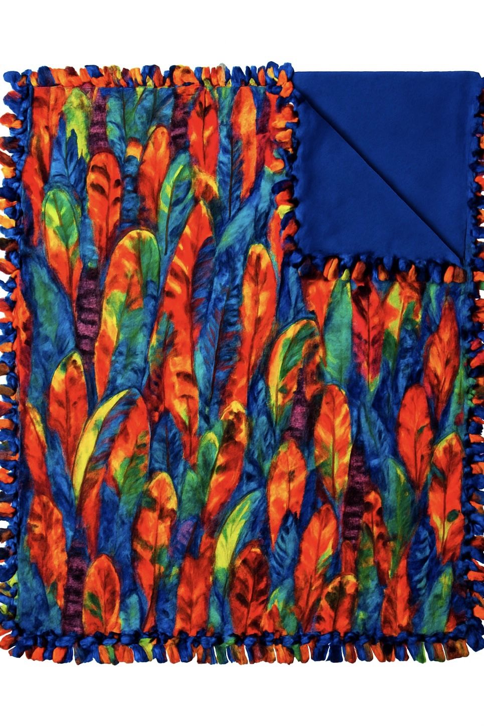 “Colorful Feather Pattern Fleece Blanket, Reversible with Blue Backing – 54x68”