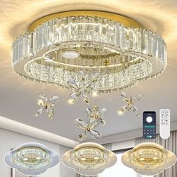 18 inch Gold Crystal Chandeliers LED Ceiling Light, Flush Mount, Crystal Raindrop,3CCT Dimmable
