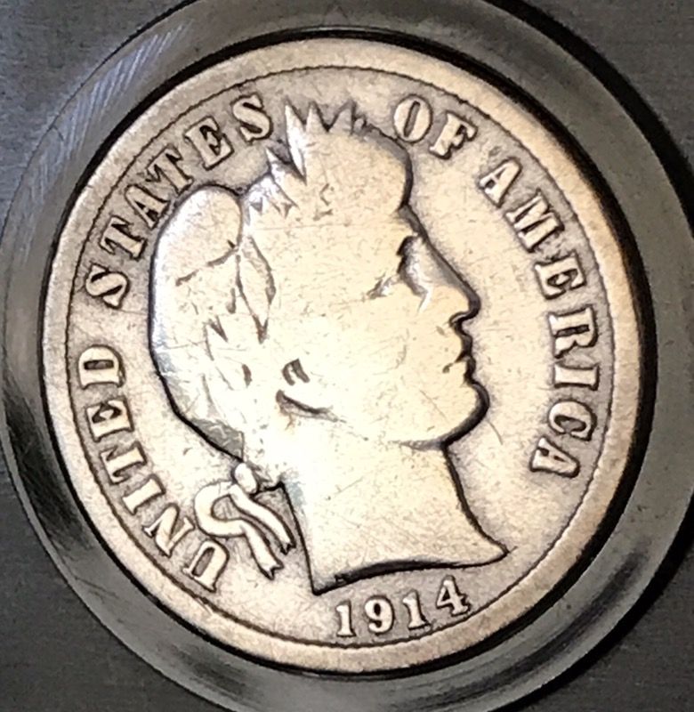 1914 D Barber Silver dime