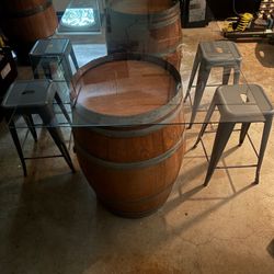 Rustic French Oak Barrel Table Set with Glass Top & 4 Metal Stools