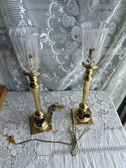 Pair Vintage Brass Hurricane Table Lamps - Crystal Tulip Shades