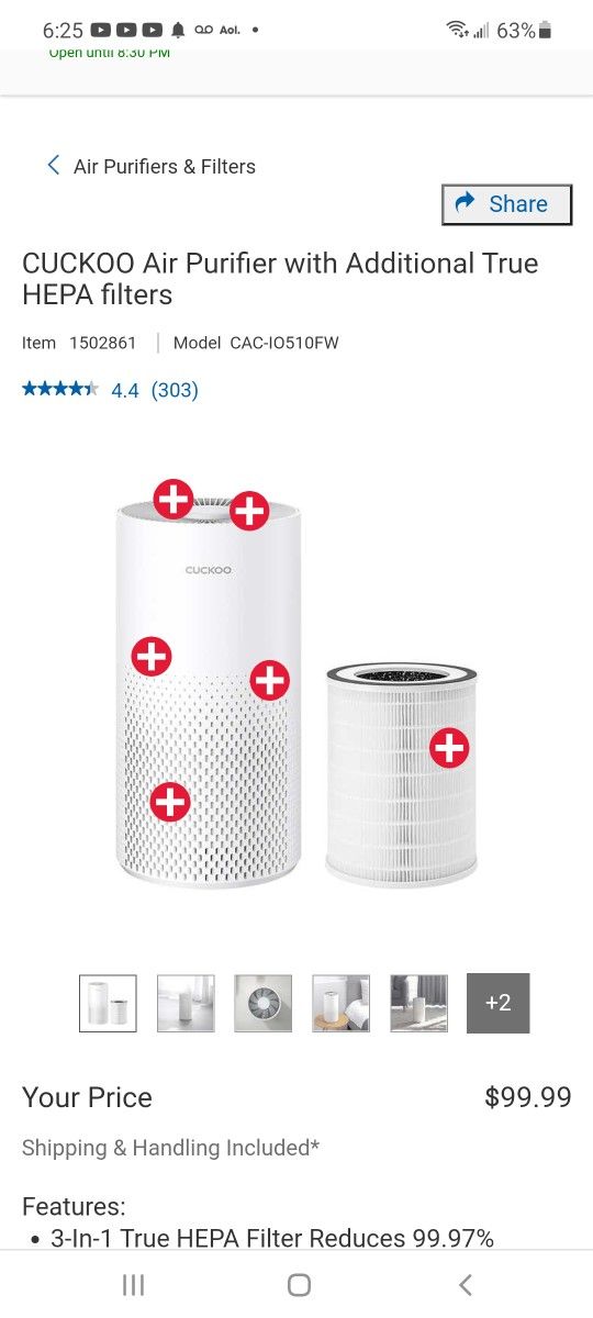 CUCKOO Air Purifier with Additional True HEPA filters $65