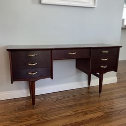 Mid-Century Modern Mahogany Desk / Vanity – Vintage Elegance with Brass Accents