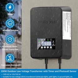 SUNVIE 200W Landscape Lighting Transformer Outdoor Low Voltage Landscape Transformer with Timer and Photocell Sensor Waterproof 120V to 12V/14VAC Low 