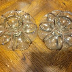 Vintage Brutalist Caged Wrought Iron Art Glass Hand Blown Clear Pumpkin Bowl