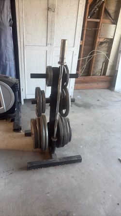 Weight Plate Tree Rack with Curl Bar and Plates