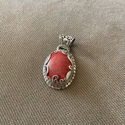 925 Sterling Silver Oval Red Bamboo Coral Pendant 