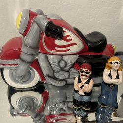  Motorcycle Cookie Jar With Biker Salt and Pepper Shakers Harley Riders 
