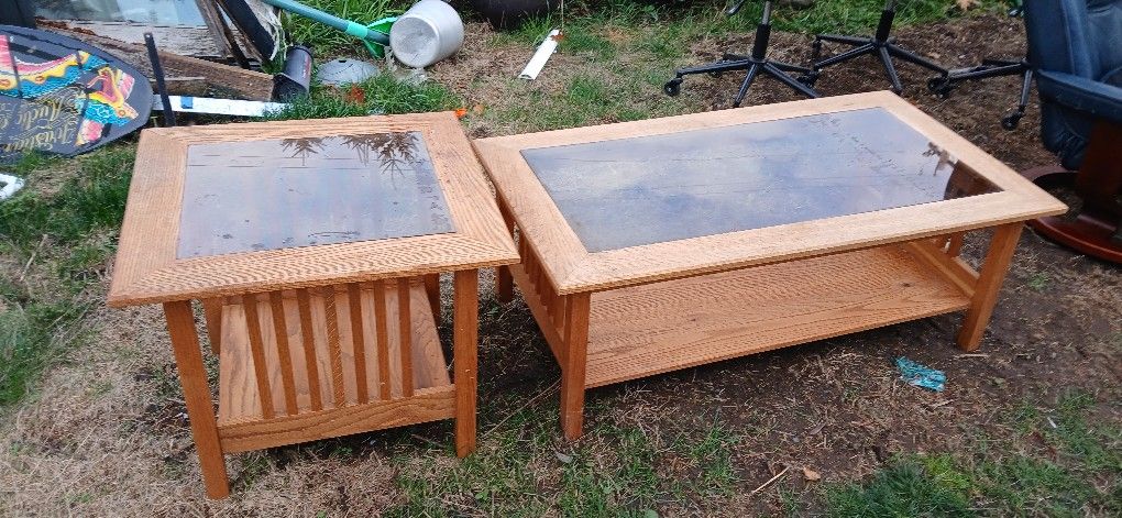 Mission Oak Coffee Table And End Table Smoked Glass Tops