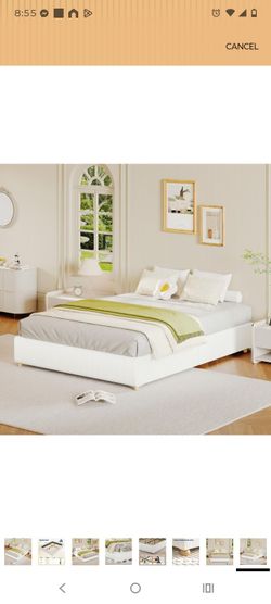 White Upholstered queen size Platform Bed Frame