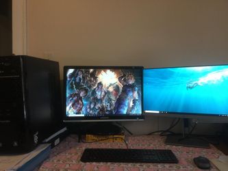 Gaming pc with two Gtx graphic cards core I 7 Motherboard Intel Dx 79sI 3.8 cpu and 3.6 GHZ 16 Ram and 256 giga hard desk DVD drive Samsung 20 inch