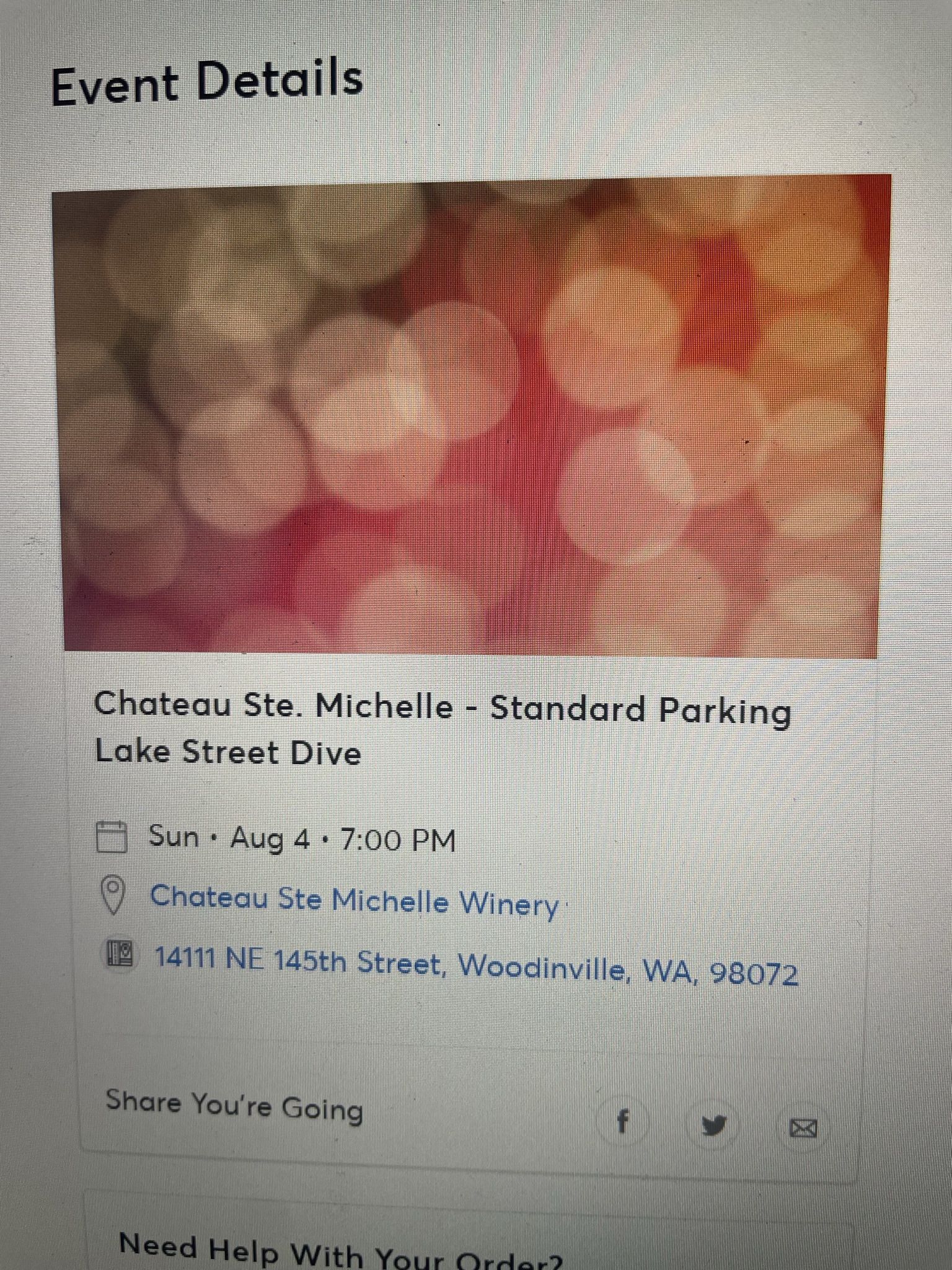 Parking Pass August 4th Chateau Ste Michelle
