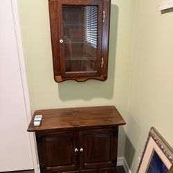 Two Piece Pine Curio Cabinet And Side Table