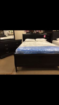 New Queen bed with dresser mirror and mattress