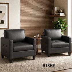 Accent Chairs Set of 2, Black Faux Leather Chair, Mid-Century Modern Living Room Chairs, Cozy Office Reading Chair with Tufted Armrest and Seat, Armch