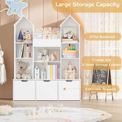 Toy Storage Organizer with Castle Roof, Large Kids Bookshelf Dollhouse with 3 Movable Drawers and 9 Storage Cubbies, Toy Organizers with 3-Tier Book R