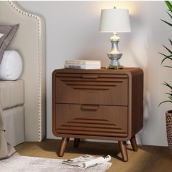 HOMPUS Modern Nightstand w 2 Storage Drawers, Walnut End Table w Stripe Pattern, Small Night Stand w Wood Grain Finish, Vintage Accent Table Side Tabl