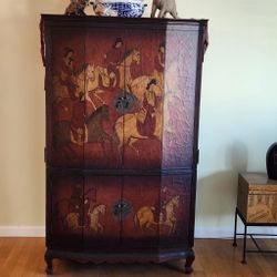 Stunning Vintage Hand-Painted Black Lacquer Chinoiserie Armoire - 67" Tall