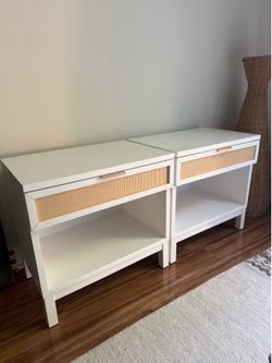 Set of 2 White & Cane Nightstands
