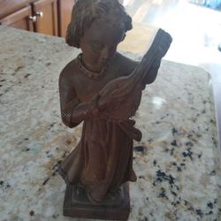 Wood Sculpture Girl Playing Musical Instrument 