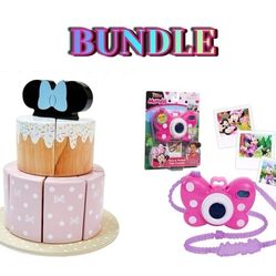 Minnie  Wooden Cake  13-pieces & Picture Perfect Pretend Play Camera, Lights, Realistic Sounds BUNDLE
