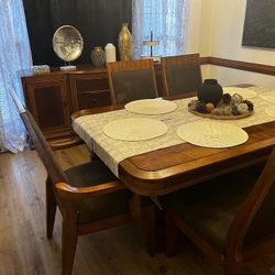 Solid Wood Dining Room Set – Table, 6 Chairs + Buffet Cabinet