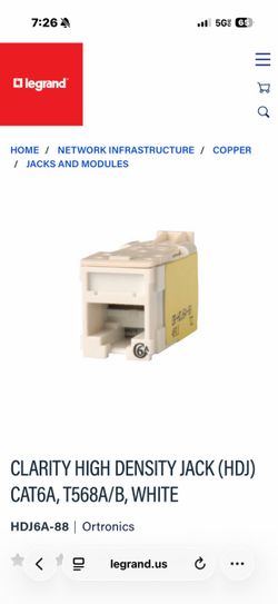 Legrand CLARITY HIGH DENSITY JACK (HDJ) CAT6A, T568A/B, WHITE