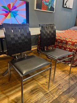Set of 2 Black Woven Leather Dining Chairs
