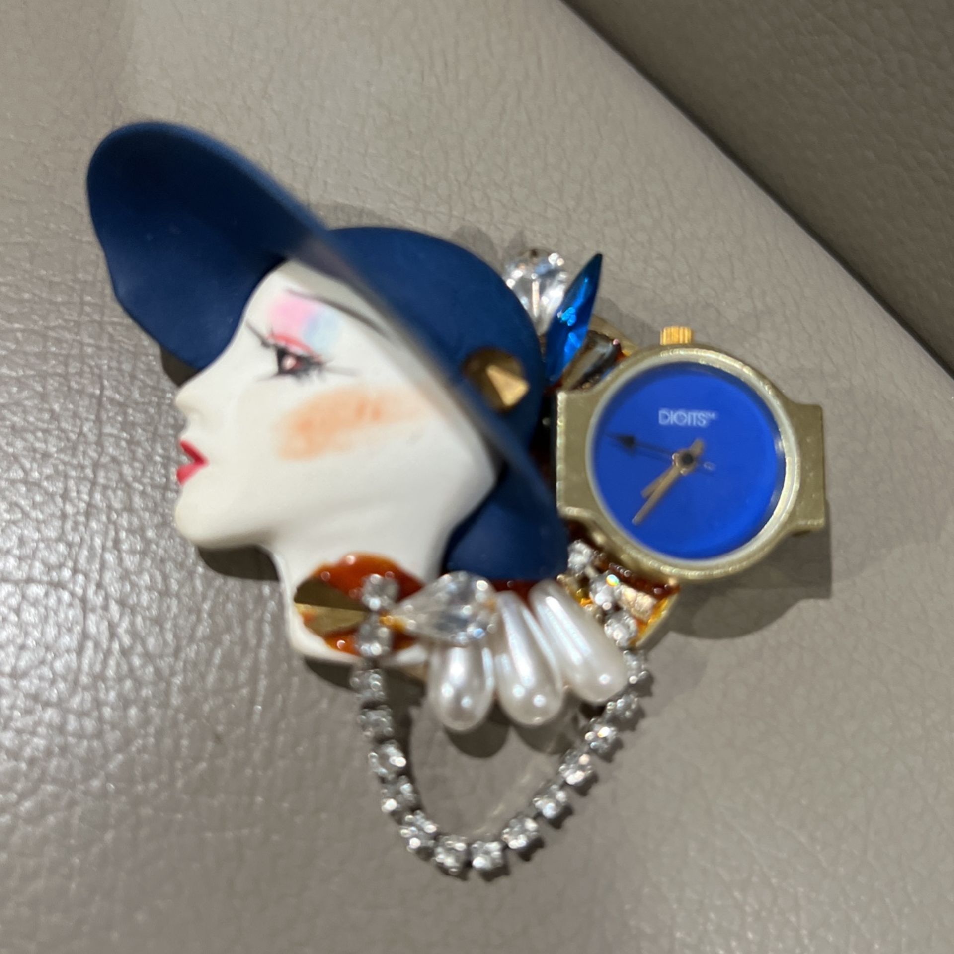 Vintage Lady With Blue Hat Brooch 