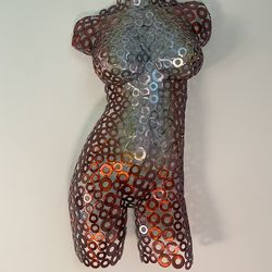 Handmade Metal Washer Nude Female Torso Sculpture – Red/Gold/Silver – 30”